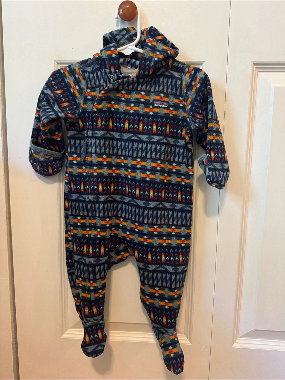 Patagonia Navy Multi Geo Hooded Fleece Footed One-Piece for Kids